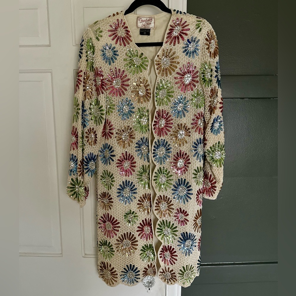 Vintage Fantasy Lisa Kane Beaded Colorful Floral Scalloped Dress Overcoat